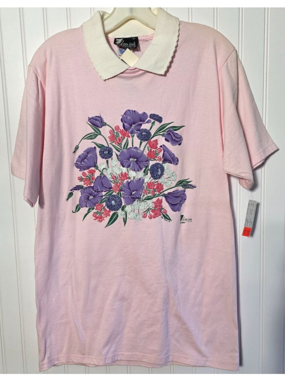 Vintage 90s Floral Graphic Polo Shirt M Pink Deadstock USA Retro Twee Preppy